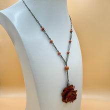 Load image into Gallery viewer, Vintage Carved Cinnabar Lacquer Rose Pendant Necklace Art Deco Filigree Chain
