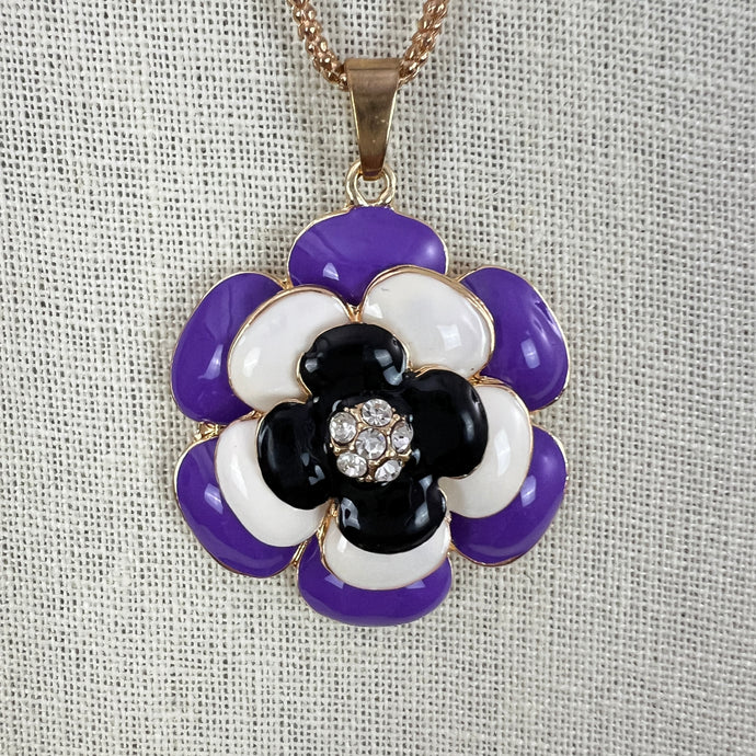 Betsey Johnson Purple Enamel Flower Rhinestone Pendant Necklace 30