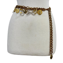 Load image into Gallery viewer, 80s Chunky Gold Chain Statement Belt with Coins Pearls &amp; Heart Charm Medium
