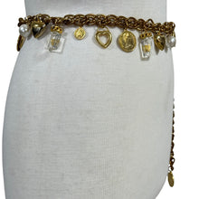 Load image into Gallery viewer, 80s Chunky Gold Chain Statement Belt with Coins Pearls &amp; Heart Charm Medium
