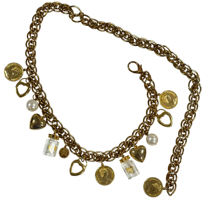 80s Chunky Gold Chain Statement Belt with Coins Pearls & Heart Charm Medium
