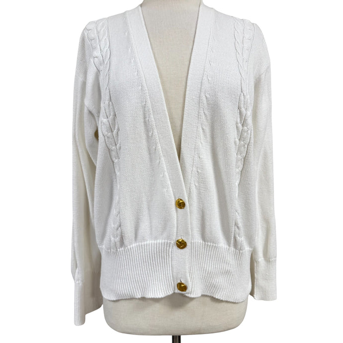 90s 100% Cotton Cable Knit Cardigan w Gold Buttons Size Large