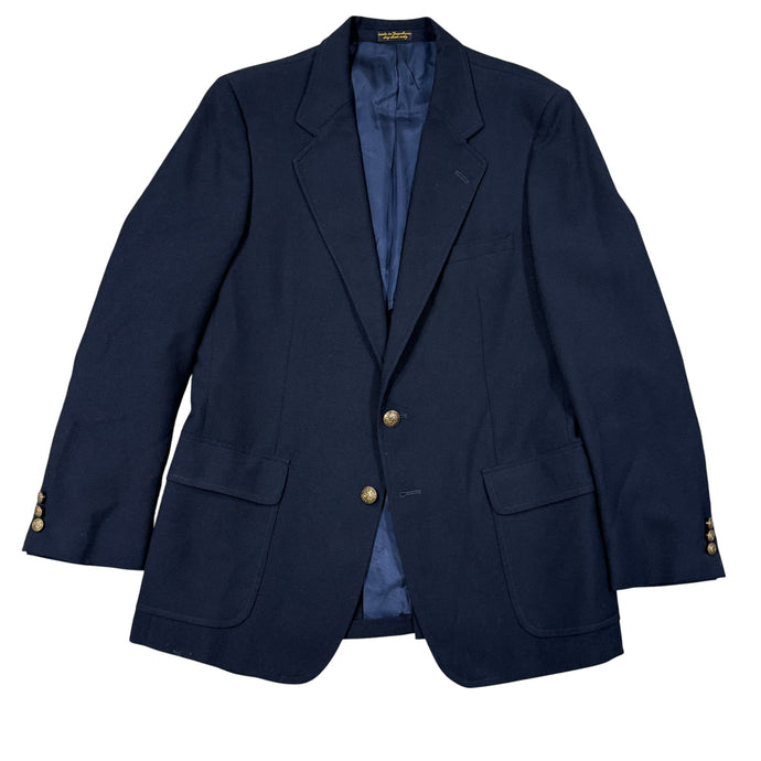 VTG 80s Navy Blue Wool Blazer w Gold Crest Buttons 40R