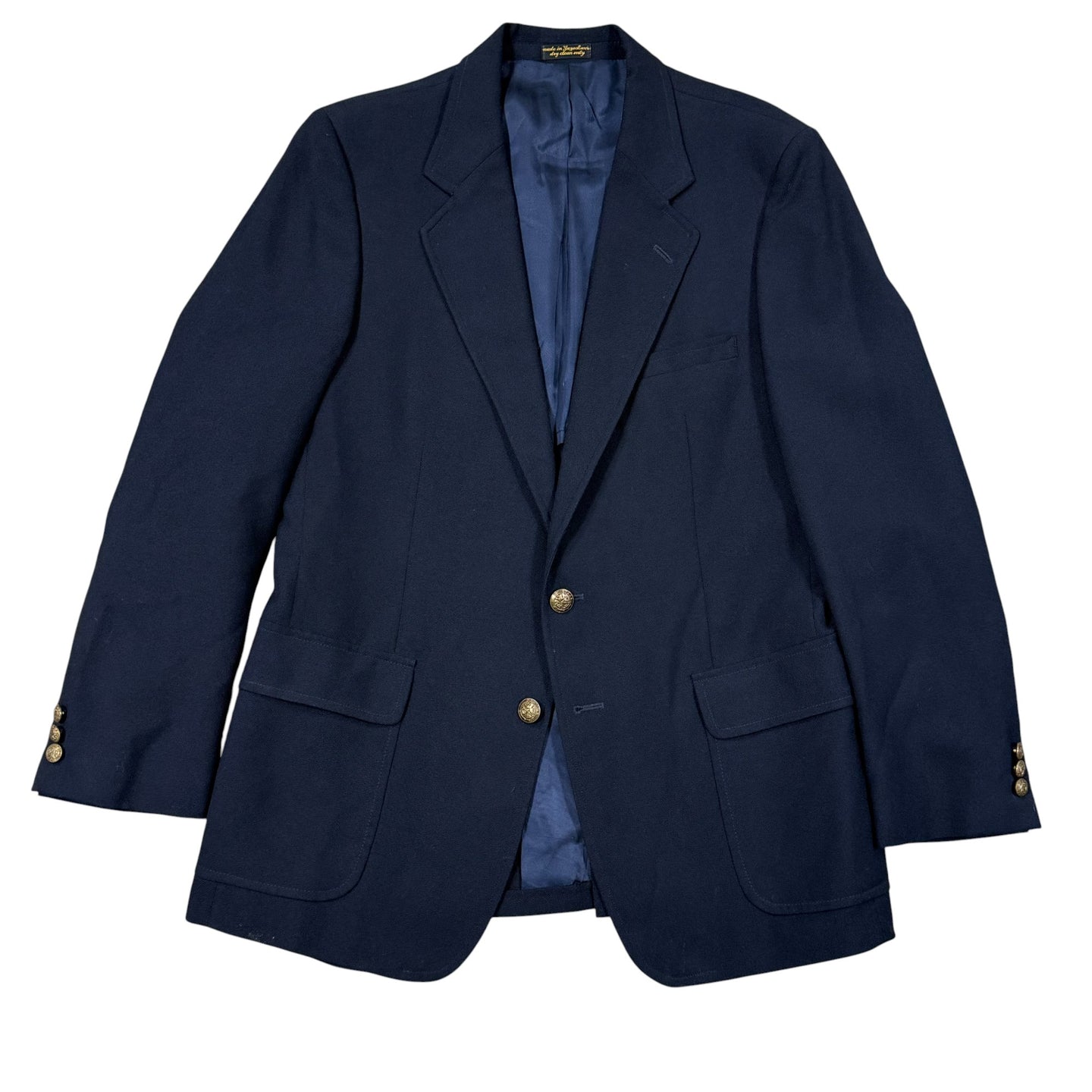 VTG 80s Navy Blue Wool Blazer w Gold Crest Buttons 40R