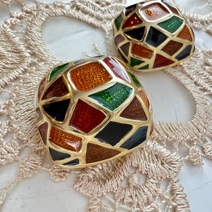 Vintage 80s Maresca Gold Plated Orange Green Red Blue Enamel Clip on Earrings 1.5