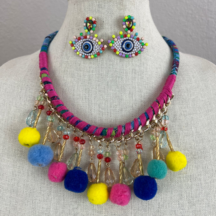 Pom-Pom Tassel Necklace with Evil Eye Earrings Set