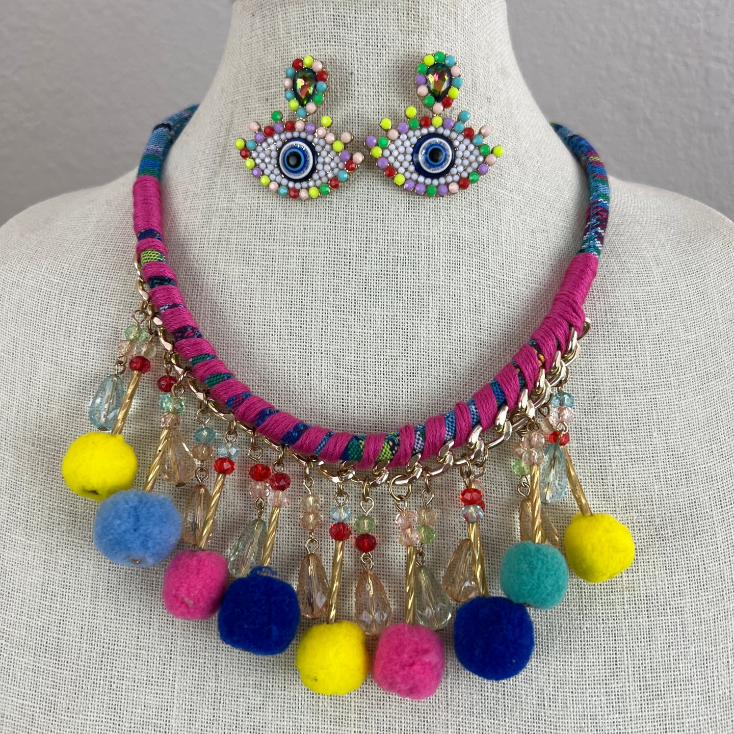 Pom-Pom Tassel Necklace with Evil Eye Earrings Set