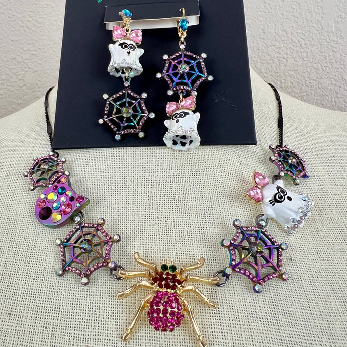 Betsy Johnson Halloween Spider and Ghosts Charm Necklace and Earrings Set