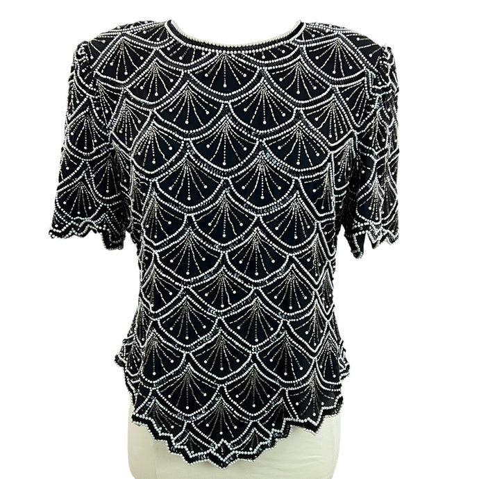 Vintage 80s Sequin & Pearls Silk Top Size XL