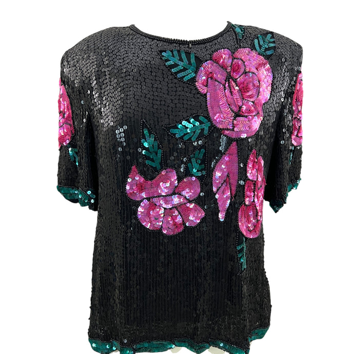 Vintage 80s 100% Silk Sequin Roses Top Size Large