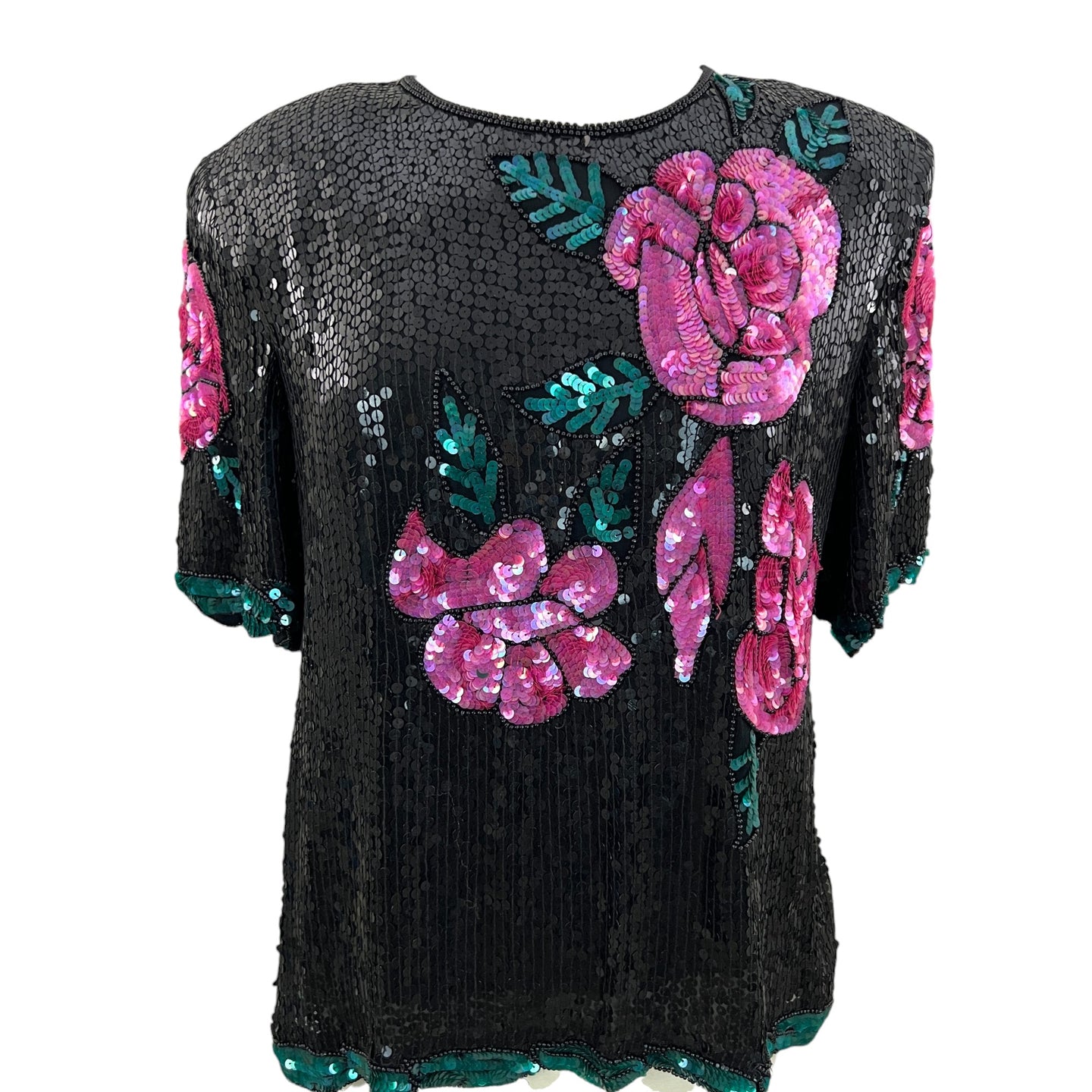 Vintage 80s 100% Silk Sequin Roses Top Size Large