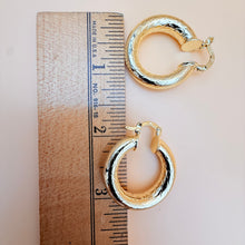 Load image into Gallery viewer, 80s Gold Tone Diamond Cut Thick Tube Hoop Earrings Chevron Etched
