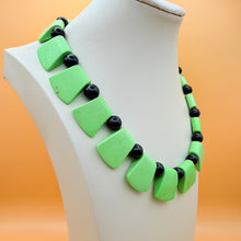 Load image into Gallery viewer, Vintage Lime Green Fan Slice Onyx Black Bead Necklace 800 Silver Toggle Clasp
