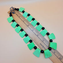 Load image into Gallery viewer, Vintage Lime Green Fan Slice Onyx Black Bead Necklace 800 Silver Toggle Clasp

