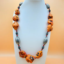Load image into Gallery viewer, Vintage 80s Chunky Orange Magnesite Nugget Statement Necklace Tribal Silver Tone
