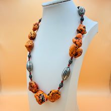 Load image into Gallery viewer, Vintage 80s Chunky Orange Magnesite Nugget Statement Necklace Tribal Silver Tone
