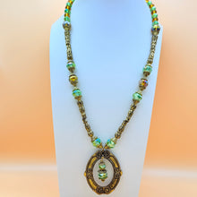 Load image into Gallery viewer, Vintage 80s Brass Filigree &amp; Peridot Green Crystal Statement Pendant Necklace
