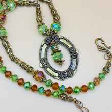 Load image into Gallery viewer, Vintage 80s Brass Filigree &amp; Peridot Green Crystal Statement Pendant Necklace
