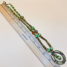 Load image into Gallery viewer, Vintage 80s Brass Filigree &amp; Peridot Green Crystal Statement Pendant Necklace
