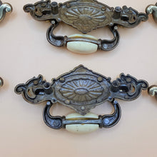 Load image into Gallery viewer, Vintage Brass &amp; Cream Resin Drawer Pulls Set of 12 Drop Handles
