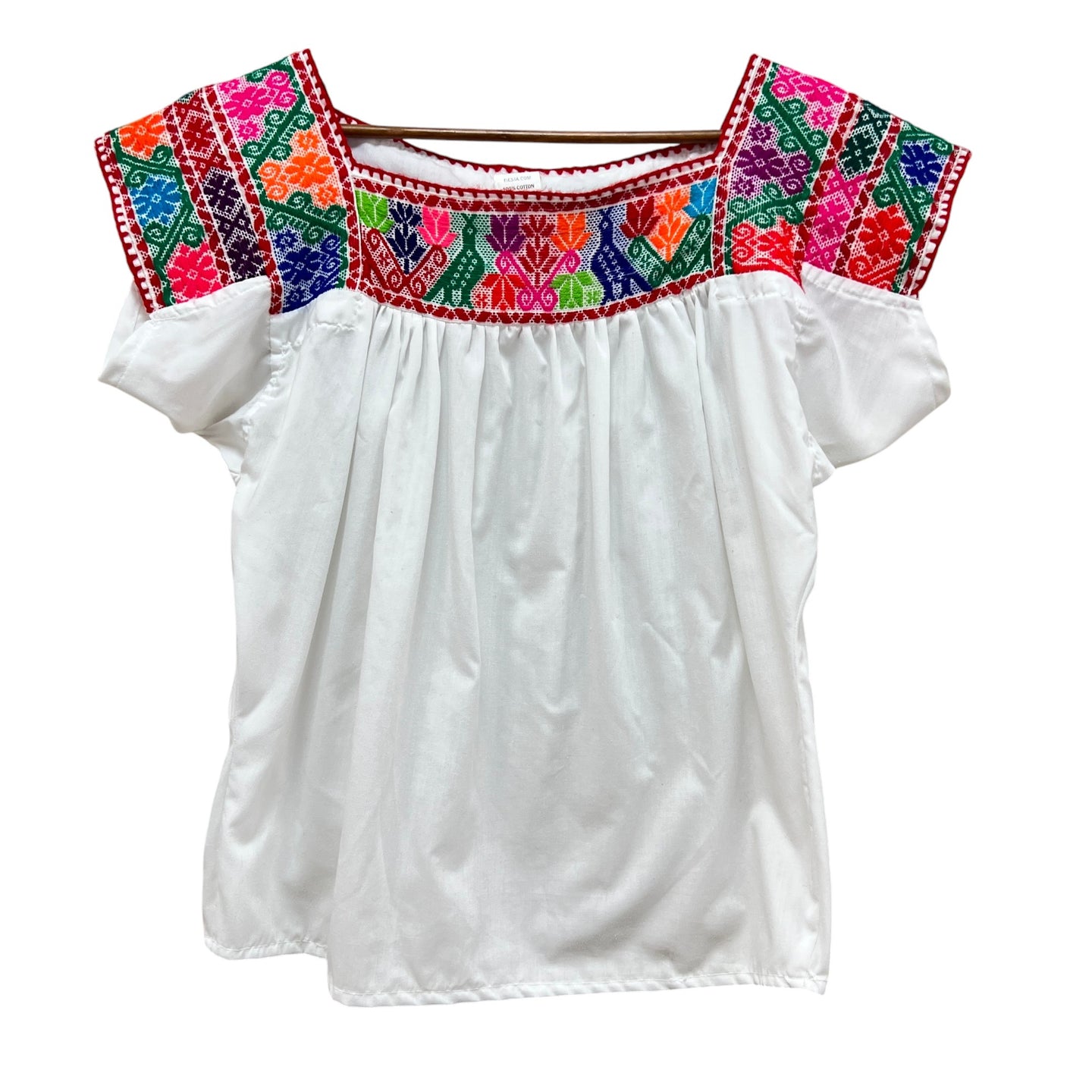 100% Cotton White Embroidered Floral Peasant Top Size Small