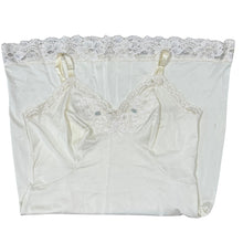 Load image into Gallery viewer, VTG 50s Lace Trim Ivory Slip Dress Blue Floral Embroidery Size Medium
