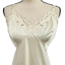 Load image into Gallery viewer, VTG 50s Lace Trim Ivory Slip Dress Blue Floral Embroidery Size Medium
