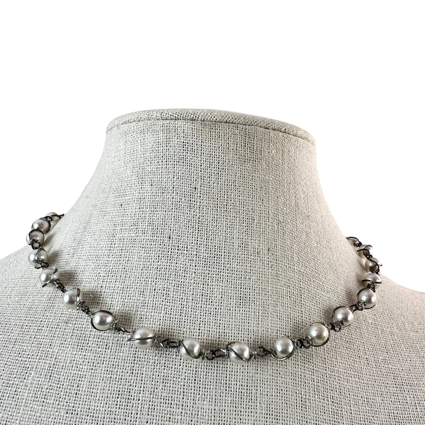 VTG Faux Pearl Silver Link Collar Necklace 16