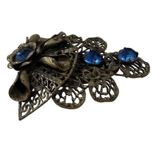 Load image into Gallery viewer, Vintage Art Nouveau Revival Fur Clip Filigree Blue Glass
