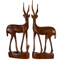 Load image into Gallery viewer, Mid Century Hand Carved Wooden Antelope Figurines 1 Pair
