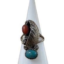 Load image into Gallery viewer, Vintage 925 Turquoise Coral Leaf Ring Signed Size 6.5
