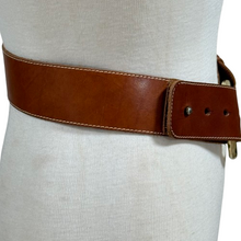 Load image into Gallery viewer, 90s Tan Leather Gold Buckle Wide Cinch Belt XS
