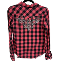 Load image into Gallery viewer, Cotton Red/Black Plaid Western Embroidered Rhinestone Button-Up Size Small
