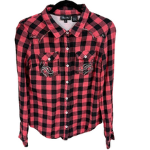 Load image into Gallery viewer, Cotton Red/Black Plaid Western Embroidered Rhinestone Button-Up Size Small
