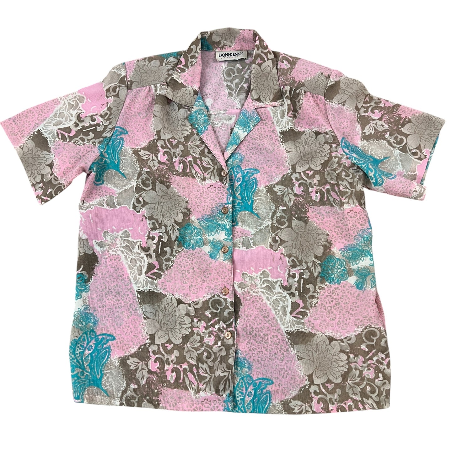 Women VTG 80s Pink & Turquoise Short Sleeve Button Up Shirt Size XL