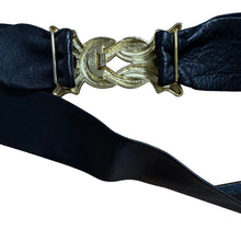 Load image into Gallery viewer, 80s Black Leather Cinch Belt with Gold Buckle Size Large
