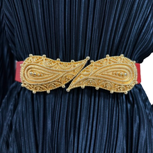 Load image into Gallery viewer, 80s Ornate Gold Buckle Red Cinch Belt Size Medium
