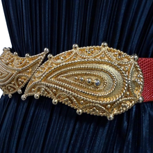 Load image into Gallery viewer, 80s Ornate Gold Buckle Red Cinch Belt Size Medium
