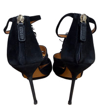 Load image into Gallery viewer, Gucci Black Suede Fringe Platform Heels Gold Zip Size 8 EU/38.5
