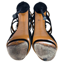 Load image into Gallery viewer, Gucci Black Suede Fringe Platform Heels Gold Zip Size 8 EU/38.5
