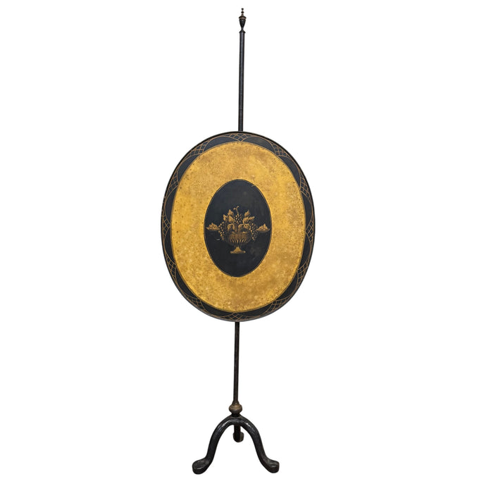 Antique Tole Painted Adjustable Pole Firescreen – Victorian Cast Iron Base, Floral Urn Design