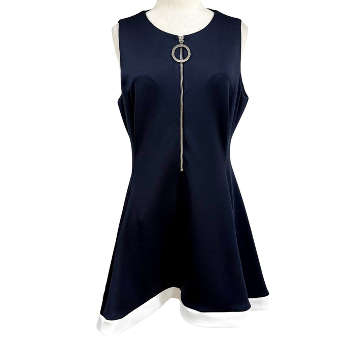 DKNY Navy Blue  Sleeveless A-Line Dress Size 14 NWT Zip Front Logo Ring with White Trim Contrast Hem, Tennis style dress