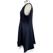 Load image into Gallery viewer, DKNY Navy Blue Sleeveless A-Line Dress Size 14 NWT Zip Front Logo Ring with White Trim Contrast Hem, Tennis style dress
