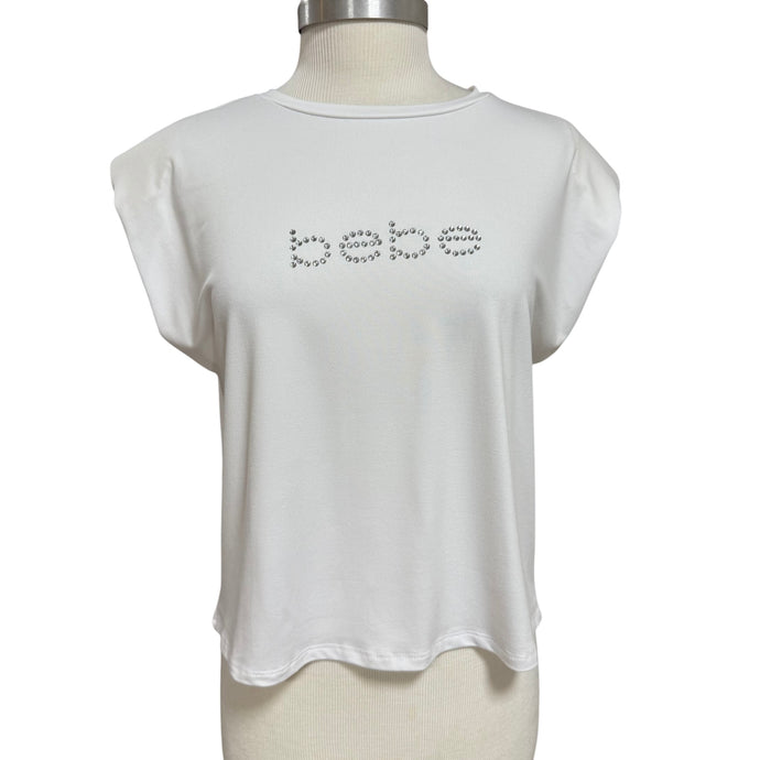 Y2K Bebe Rhinestone Logo White Stretch Tee Top Small 
