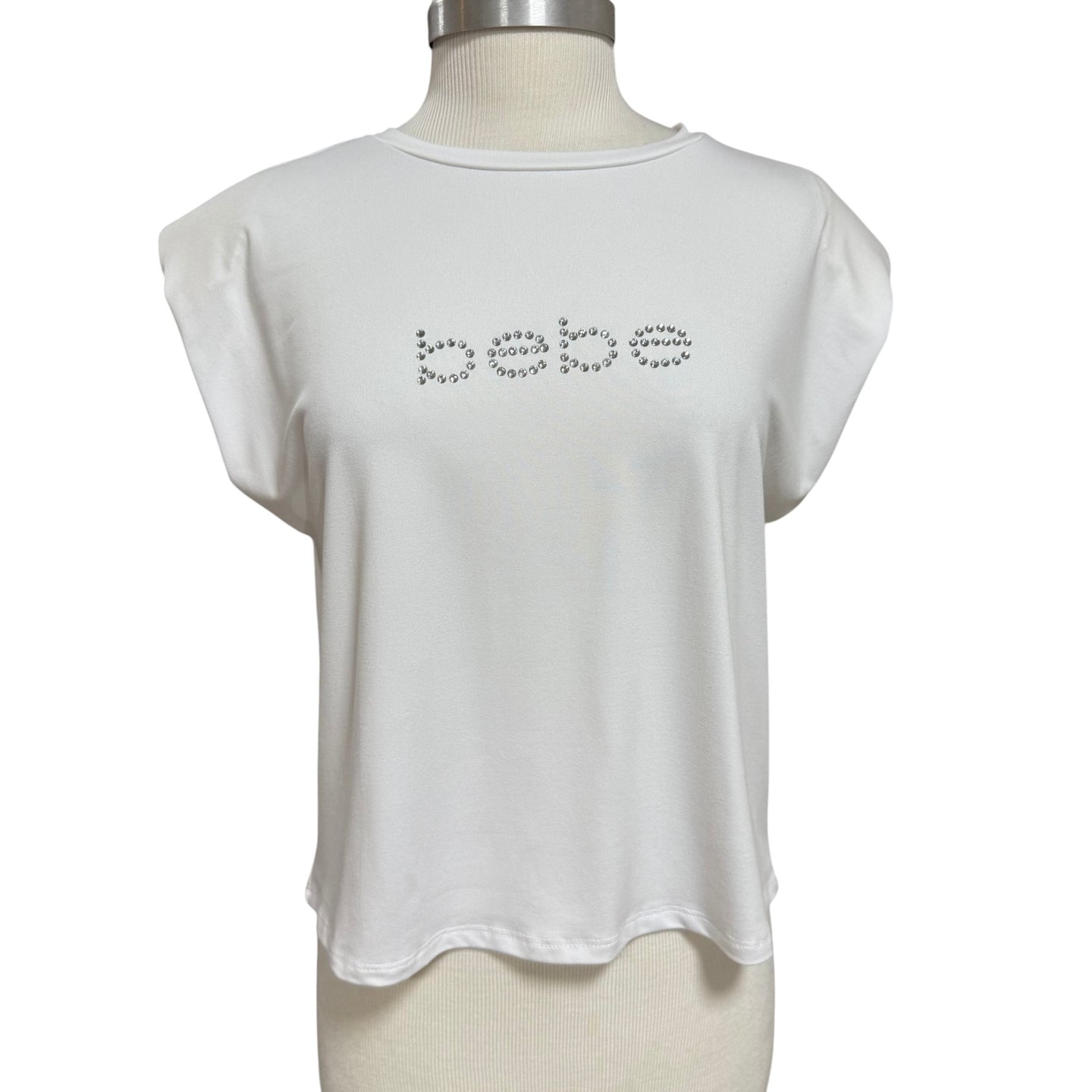 Y2K Bebe Rhinestone Logo White Stretch Tee Top Small 
