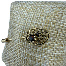 Load image into Gallery viewer, 1950s Gold Tone Filigree Stick Pin with Garnet Glass Stone
