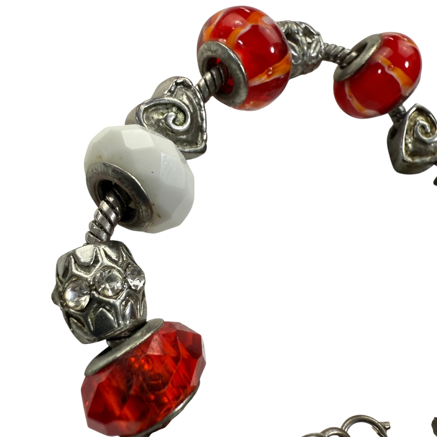 Red Art Glass Beads & Hearts Bracelet