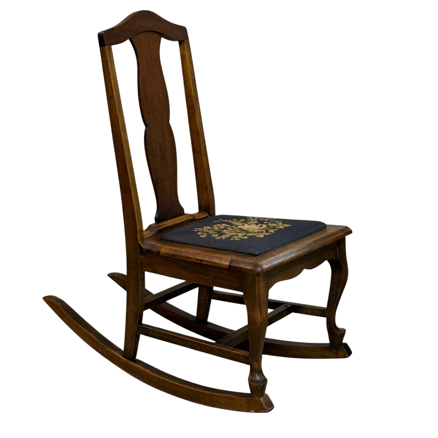 Children's Antique Victorian Oak Rocking Chair w Needlepoint Seat