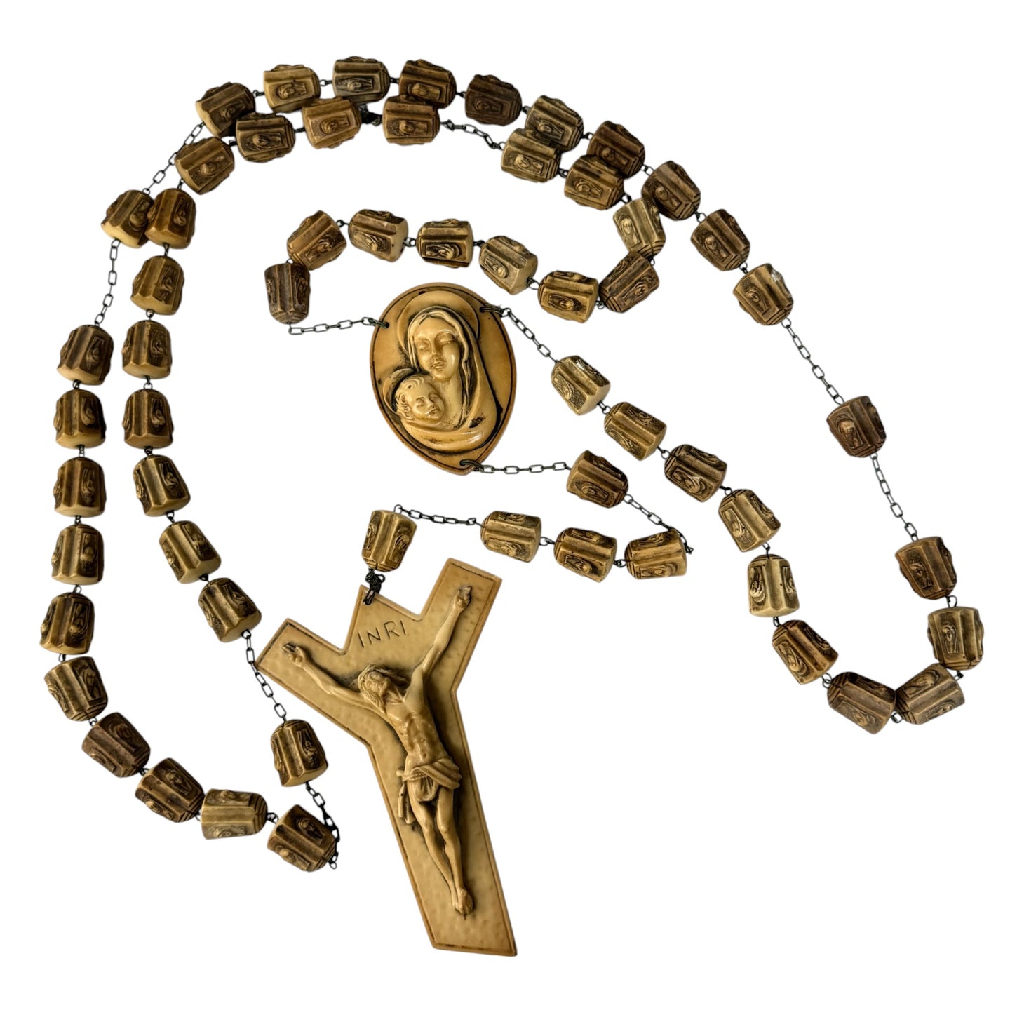 Vintage Jumbo Wall Rosary – Carved Faux Ivory Crucifix, Madonna & Child, Oversized Catholic Beads
