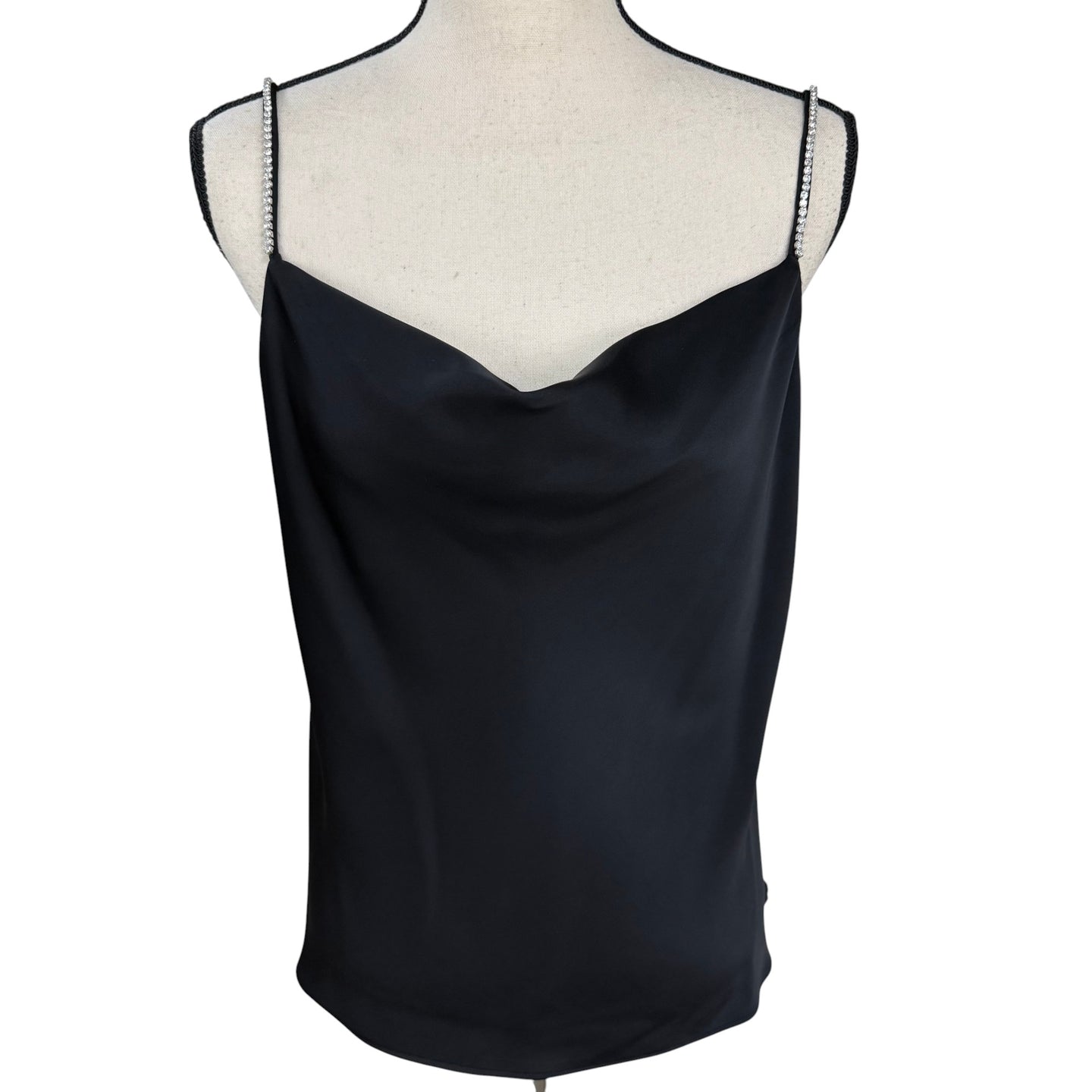 Black Satin Cowl Neck Tank Top with Rhinestone Straps Size Small